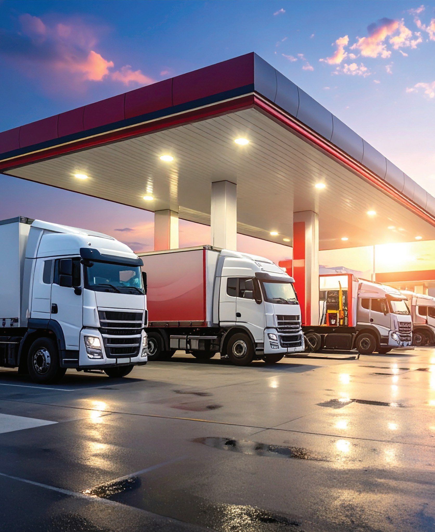 Fuel station forecourt at dusk